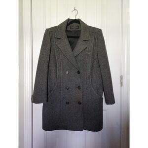 Vtg Alorna Herringbone Double Breasted Wool Coat USA Med Women Classic Gray Twee